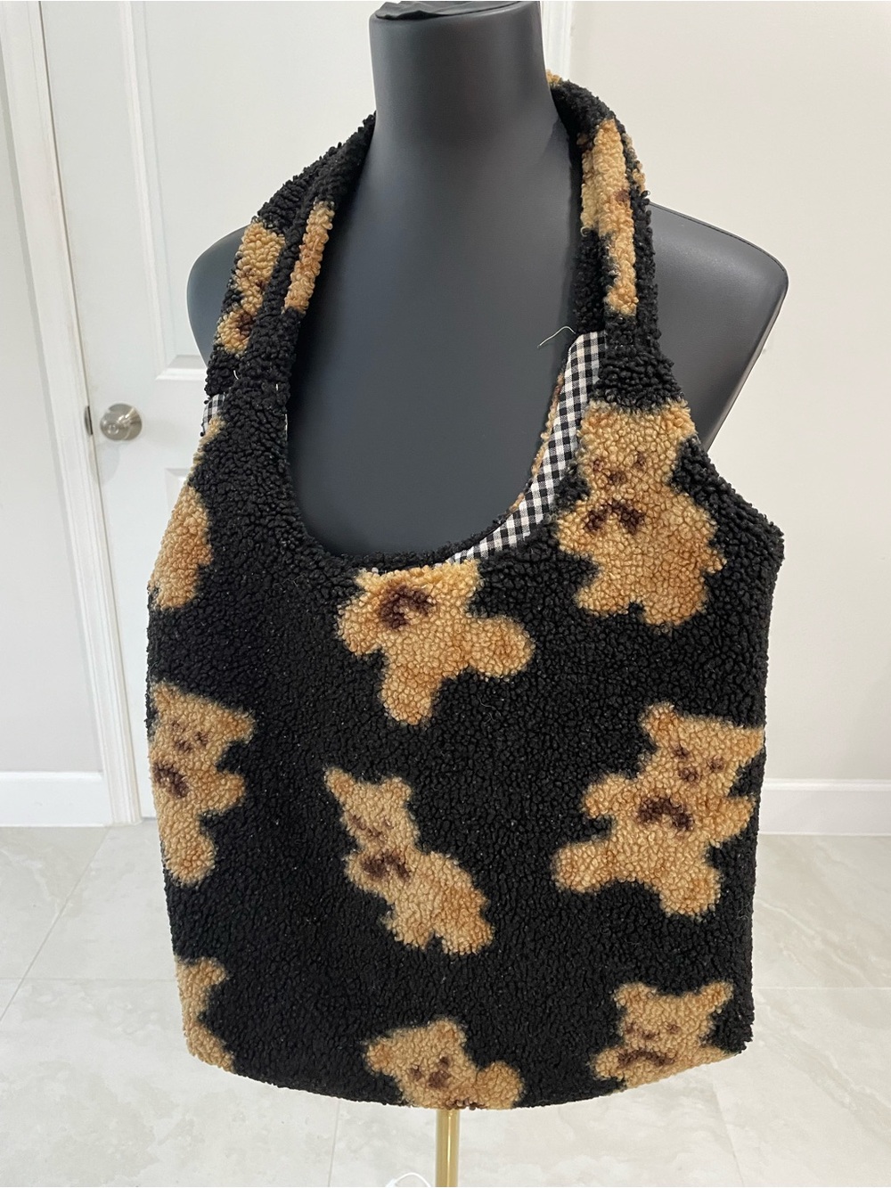 Fuzzy Black Teddy Bear Plush Tote Bag Sherpa Y2K w/ Plaid Lining